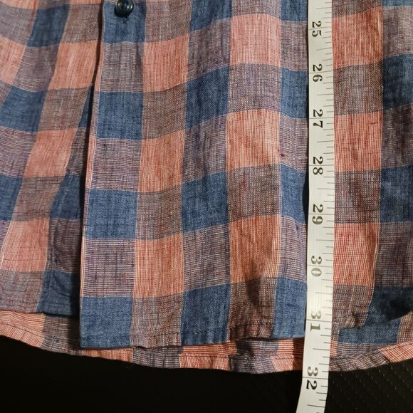 Robert Barakett Mens Longsleeve Plaid Linen‎ Button-Up Shirt Blue/Salmon L - Picture 12 of 13